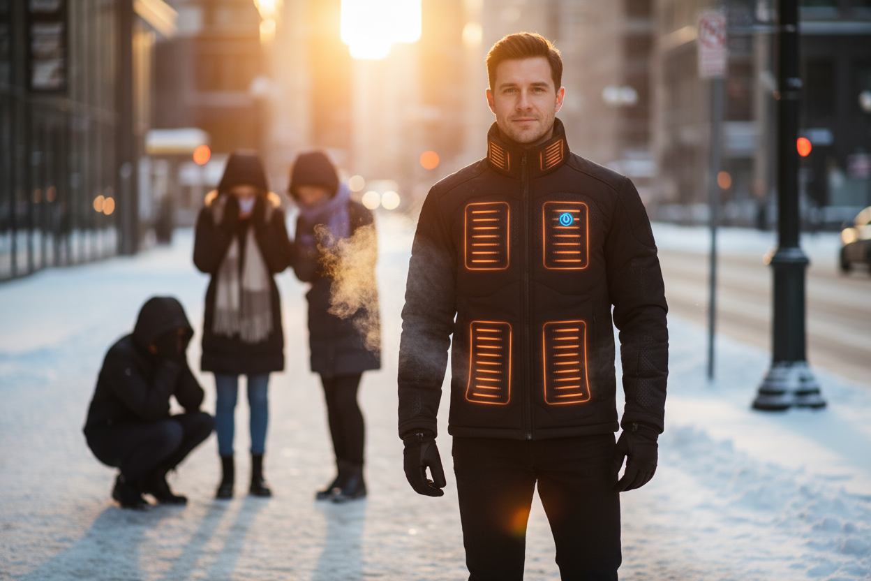 A premium lifestyle photo of a man wearing a sleek black heated jacket with visible glowing heat zones (neck, chest, and lower torso). The scene is set outdoors in a cold, snowy urban environment during golden hour. The person looks confident and comfortable while others in the background are freezing. The jacket has a modern, tech-inspired design with a subtle power button logo glowing on the chest. Soft orange lighting highlights warmth and comfort. The atmosphere feels cozy yet powerful, pro