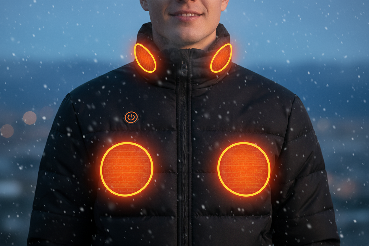 “Close-up portrait of a person wearing a premium black heated jacket with glowing orange heat zones on the chest and neck. The background is softly blurred with a cool winter atmosphere — falling snow, faint city lights or mountain backdrop. The jacket appears warm, sleek, and high-tech with a subtle illuminated power button logo. Lighting highlights the warmth glow against the cold environment. Center composition, minimal background, vertical orientation, professional e-commerce style, realistic photograph